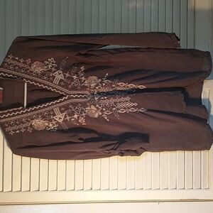 Johnny Was cupio tonic embroidered gray long sleeve V neck top size S BOHO